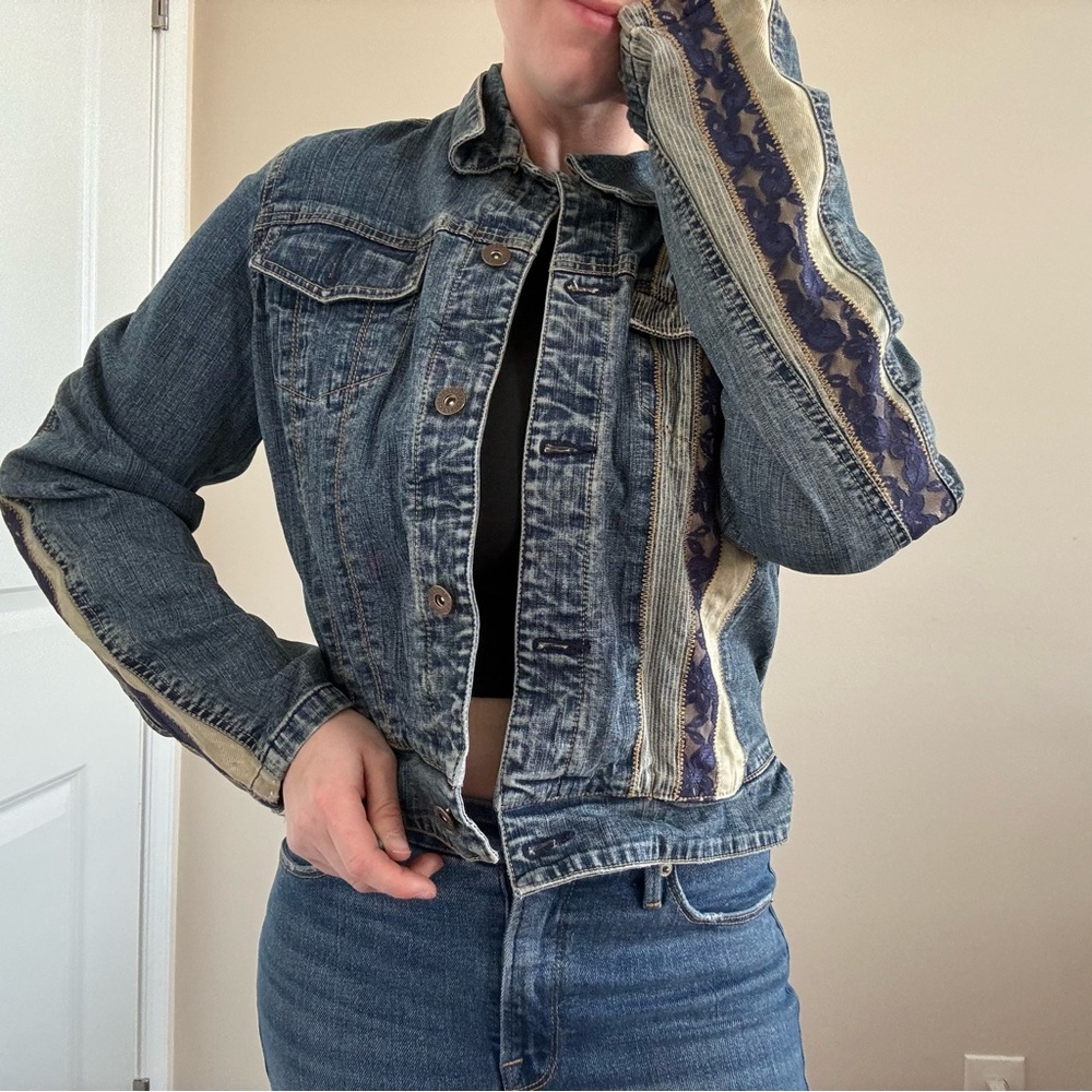 Pepe Jeans London Mixed Media Lace Patchwork Arty Boho Denim Jacket - Picture 3 of 10